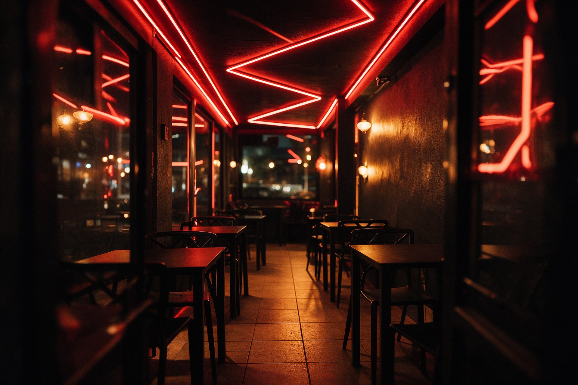Pasillo del restaurante con neones rojos y mesas negras de noche