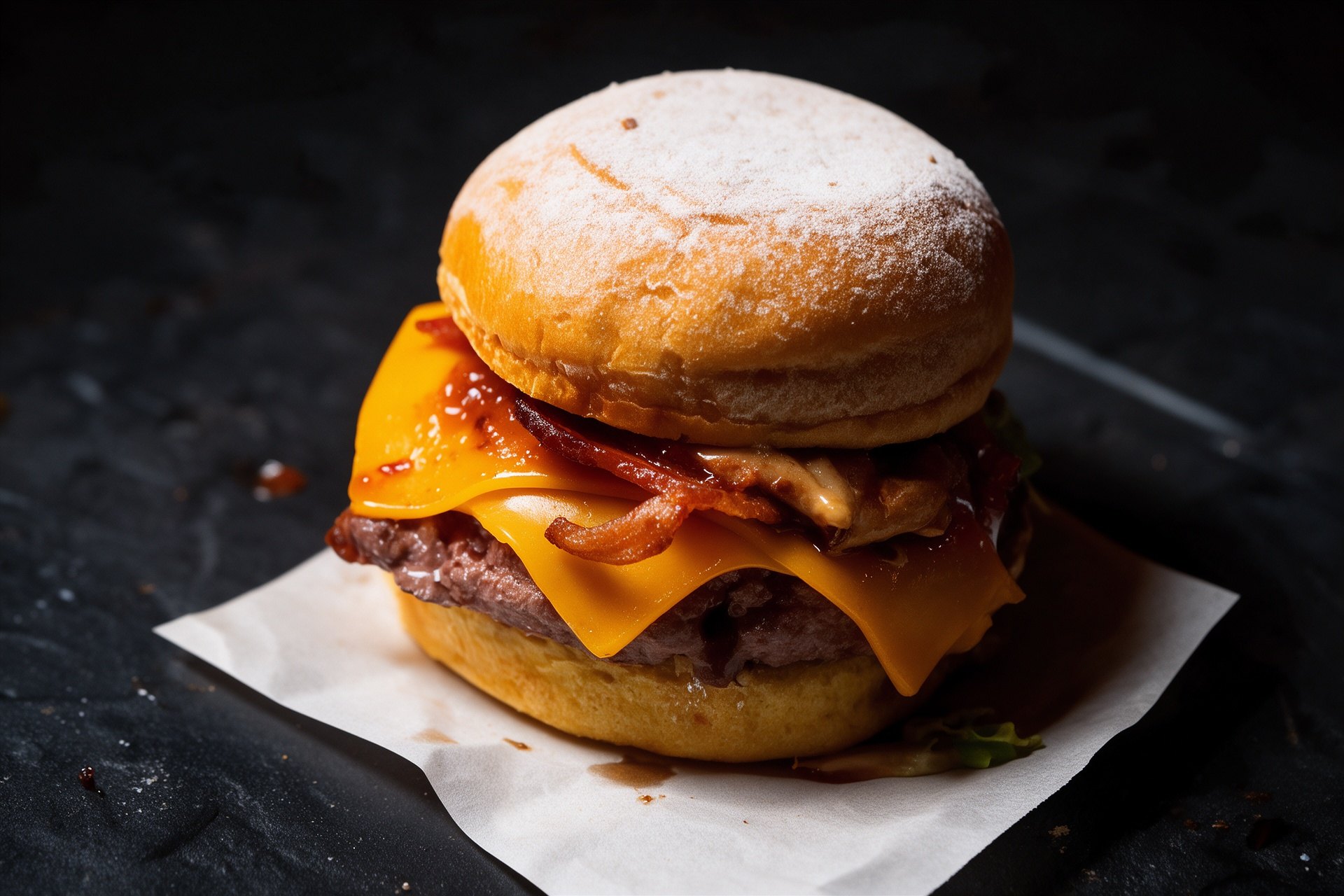 Hamburguesa con cheddar, bacon y pan brioche sobre papel en fondo oscuro